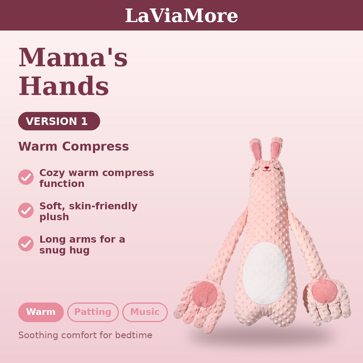 Mama's Hands Bunny Plush Pillow with Gentle Tapping & Soothing Sounds