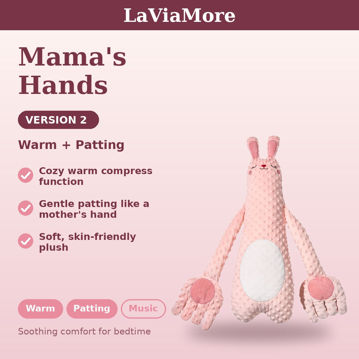 Mama's Hands Bunny Plush Pillow with Gentle Tapping & Soothing Sounds